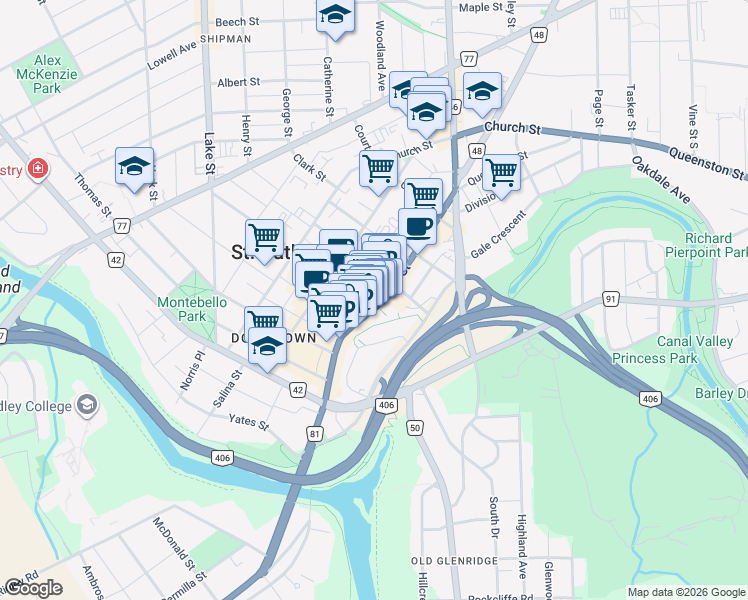map of restaurants, bars, coffee shops, grocery stores, and more near 194 Saint Paul Street in St. Catharines