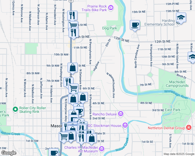 map of restaurants, bars, coffee shops, grocery stores, and more near 231 7th Street Northeast in Mason City