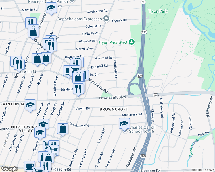 map of restaurants, bars, coffee shops, grocery stores, and more near 54 Merchants Road in Rochester