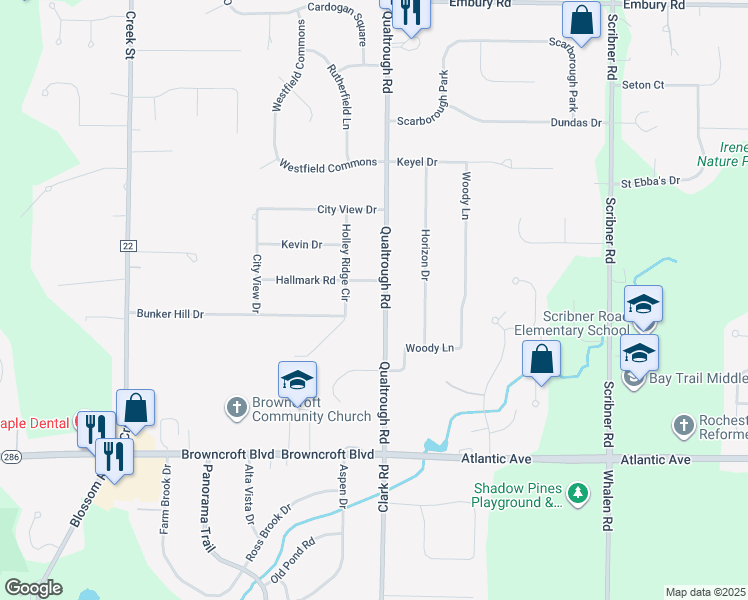 map of restaurants, bars, coffee shops, grocery stores, and more near 1724 Qualtrough Road in Rochester