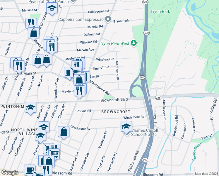 map of restaurants, bars, coffee shops, grocery stores, and more near 54 Merchants Road in Rochester