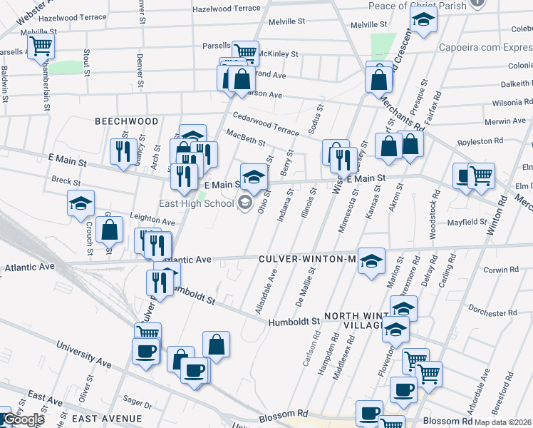 map of restaurants, bars, coffee shops, grocery stores, and more near 59 Indiana Street in Rochester