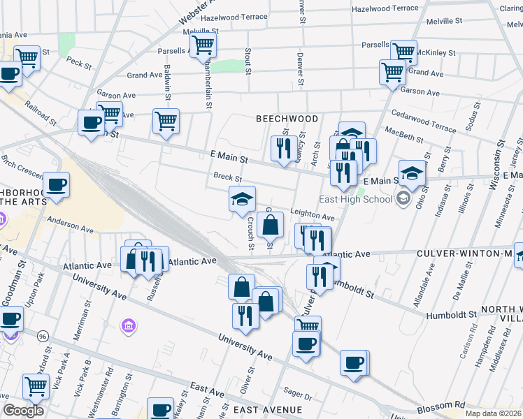 map of restaurants, bars, coffee shops, grocery stores, and more near 76 Crouch Street in Rochester