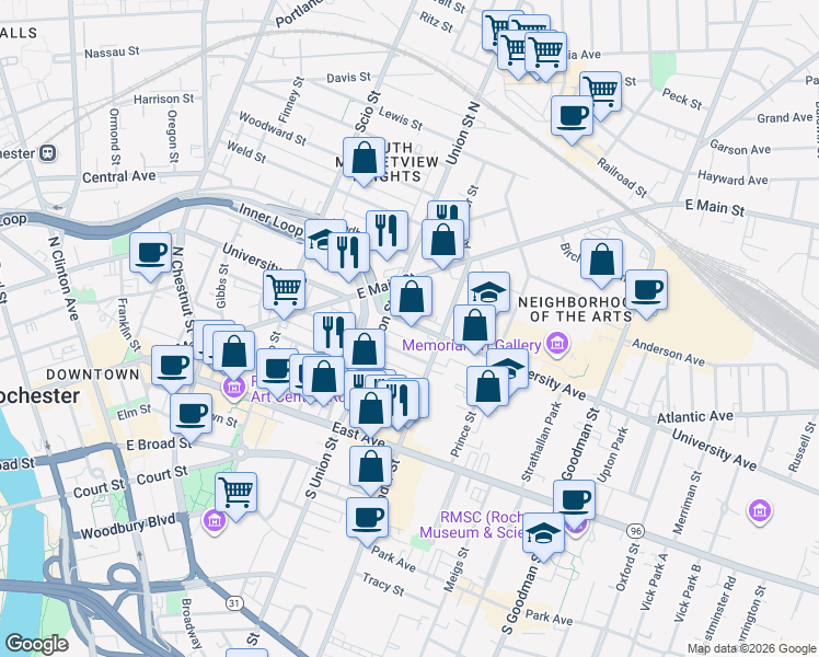 map of restaurants, bars, coffee shops, grocery stores, and more near 365 University Avenue in Rochester