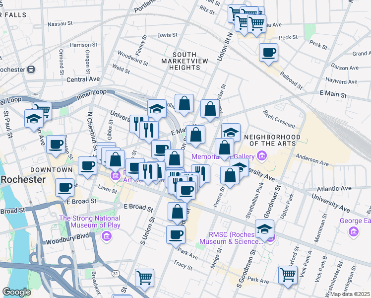 map of restaurants, bars, coffee shops, grocery stores, and more near 68 Union Street in Rochester