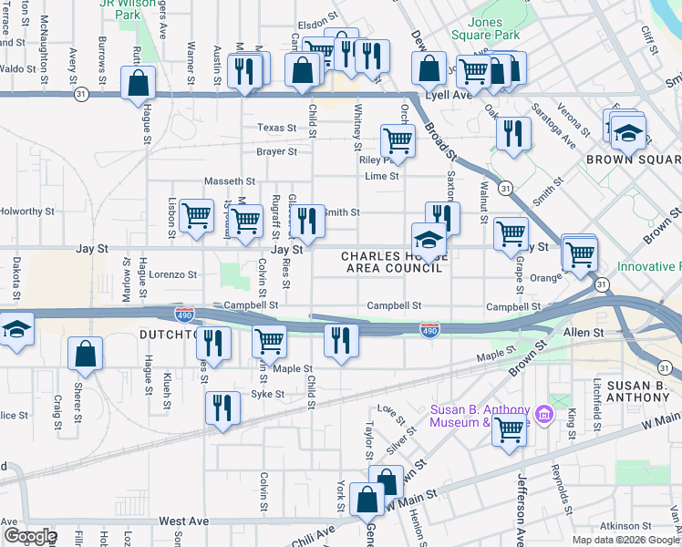 map of restaurants, bars, coffee shops, grocery stores, and more near 77 Whitney Street in Rochester