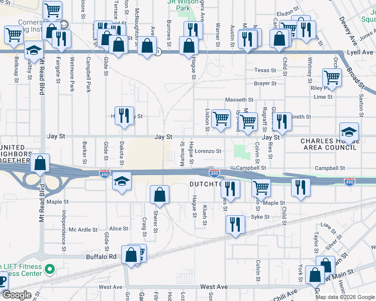 map of restaurants, bars, coffee shops, grocery stores, and more near 11 Marlow Street in Rochester