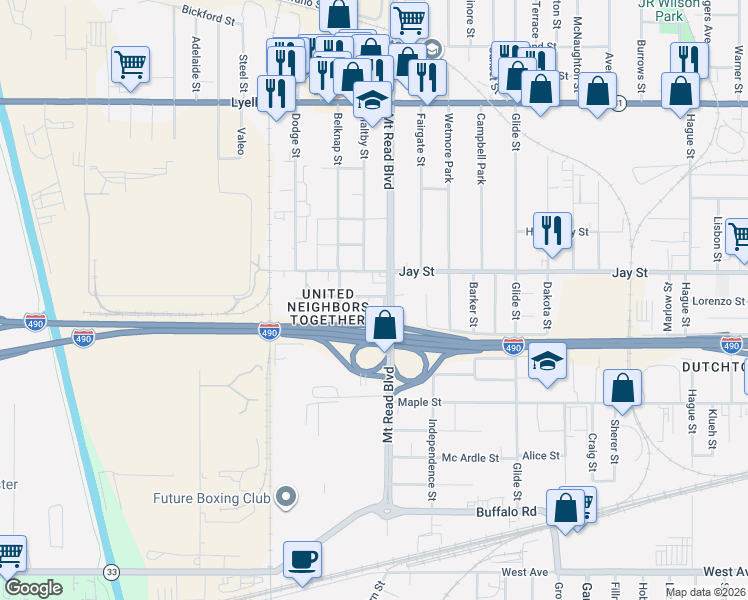 map of restaurants, bars, coffee shops, grocery stores, and more near 370 Mount Read Boulevard in Rochester
