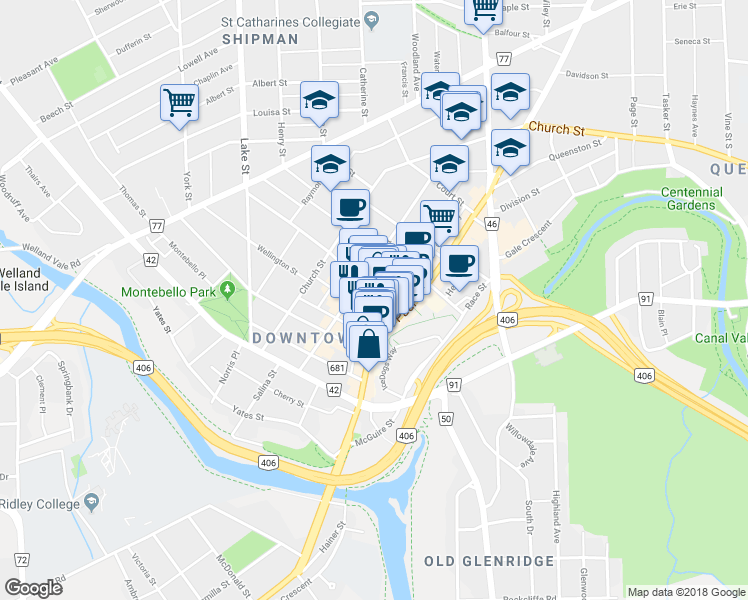 map of restaurants, bars, coffee shops, grocery stores, and more near 5 Helliwell's Lane in St. Catharines