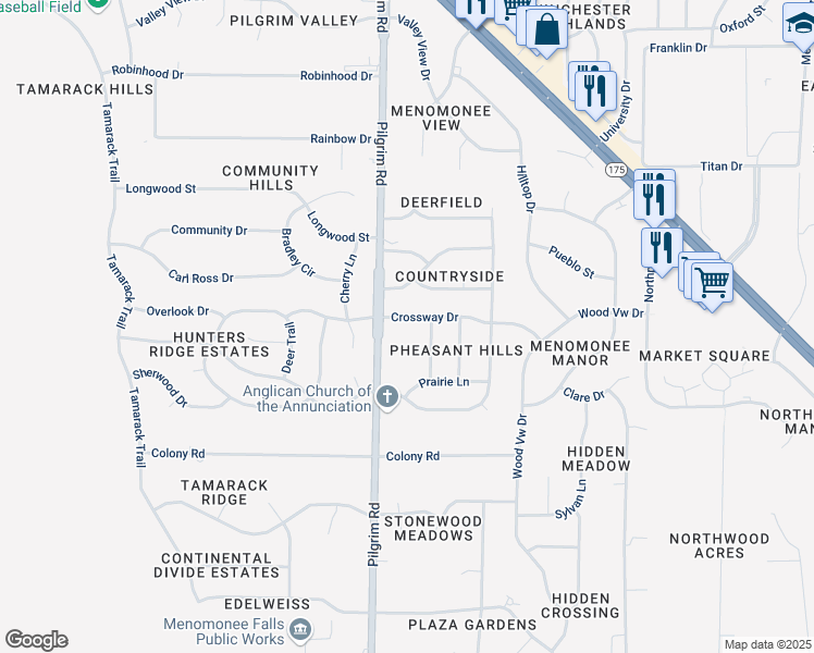 map of restaurants, bars, coffee shops, grocery stores, and more near W154N7727 Pheasant Lane in Menomonee Falls
