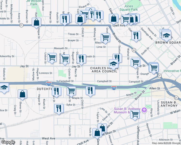 map of restaurants, bars, coffee shops, grocery stores, and more near 77 Whitney Street in Rochester