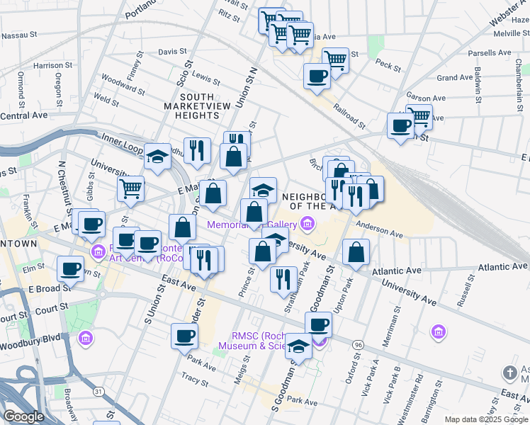 map of restaurants, bars, coffee shops, grocery stores, and more near 45 Prince Street in Rochester