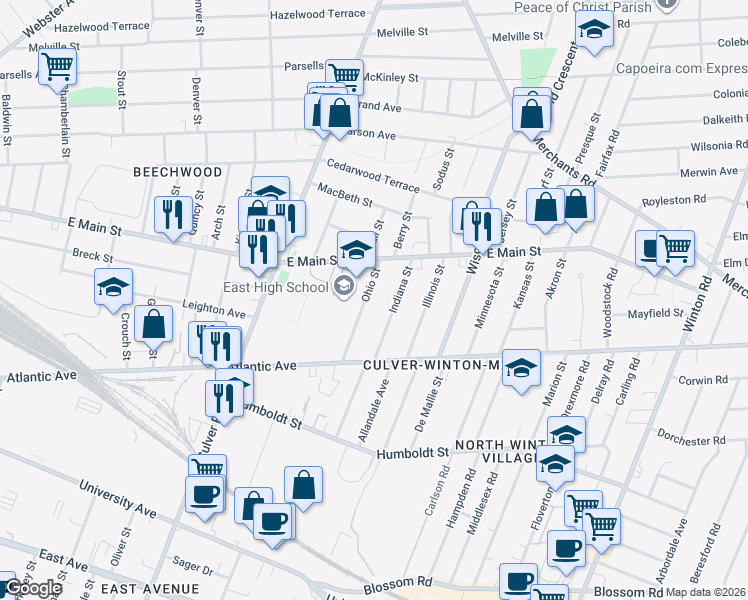 map of restaurants, bars, coffee shops, grocery stores, and more near 59 Indiana Street in Rochester