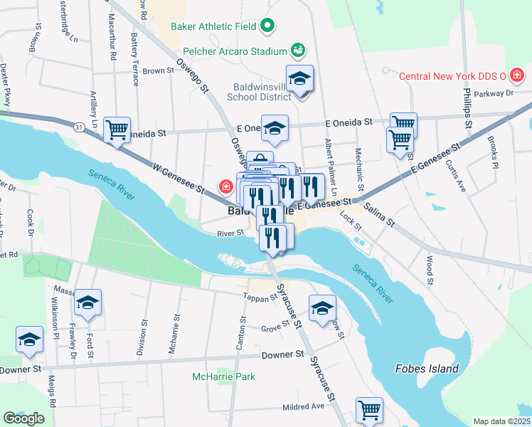 map of restaurants, bars, coffee shops, grocery stores, and more near 36 Oswego Street in Baldwinsville
