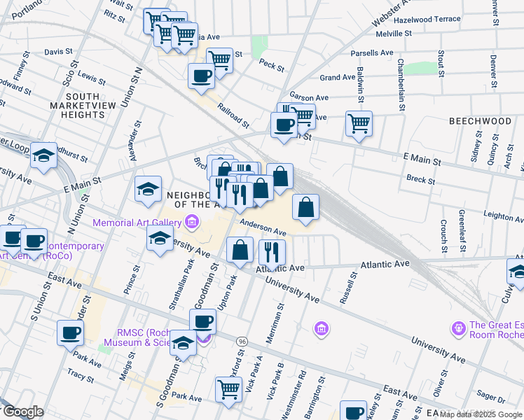 map of restaurants, bars, coffee shops, grocery stores, and more near 40 Anderson Avenue in Rochester
