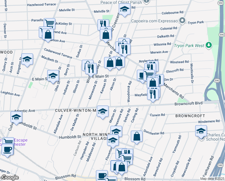 map of restaurants, bars, coffee shops, grocery stores, and more near 84 Akron Street in Rochester