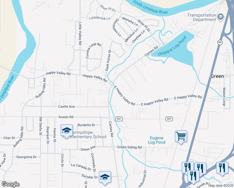 map of restaurants, bars, coffee shops, grocery stores, and more near 679 East Happy Valley Road in Roseburg