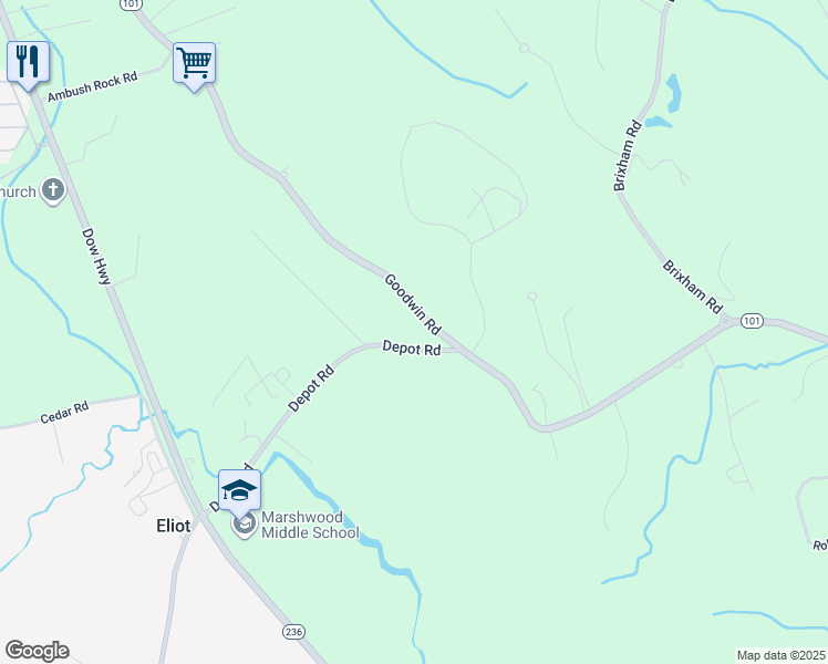 map of restaurants, bars, coffee shops, grocery stores, and more near 284 Depot Road in Eliot