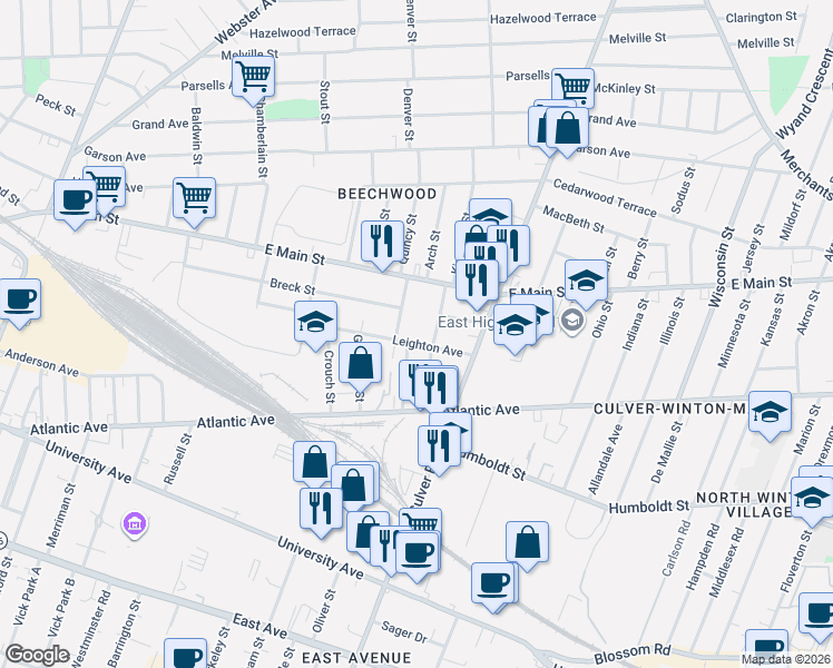 map of restaurants, bars, coffee shops, grocery stores, and more near 72 Mayberry Street in Rochester