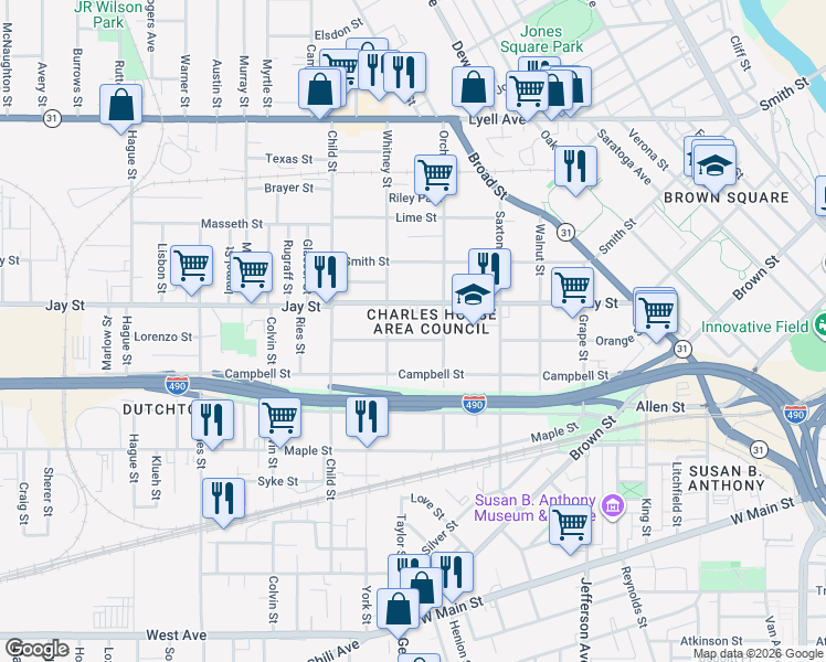 map of restaurants, bars, coffee shops, grocery stores, and more near 335 Orange Street in Rochester