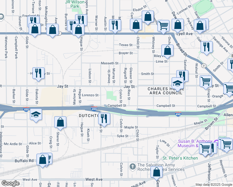 map of restaurants, bars, coffee shops, grocery stores, and more near 367 Colvin Street in Rochester