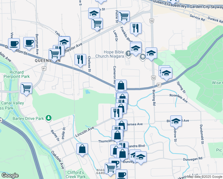 map of restaurants, bars, coffee shops, grocery stores, and more near 7 Hartzel Road in St. Catharines
