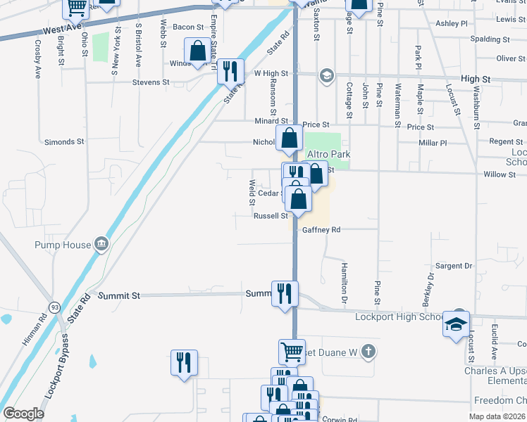map of restaurants, bars, coffee shops, grocery stores, and more near 19 Russell Street in Lockport