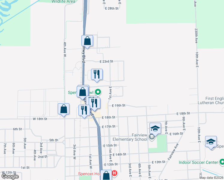 map of restaurants, bars, coffee shops, grocery stores, and more near 118 East 21st Street in Spencer
