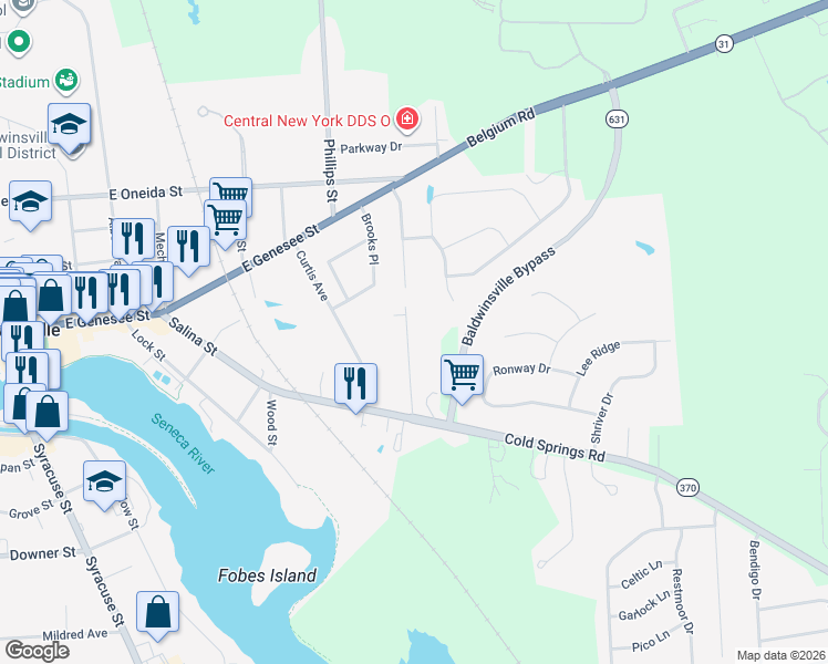 map of restaurants, bars, coffee shops, grocery stores, and more near 18 Gettman Drive in Baldwinsville