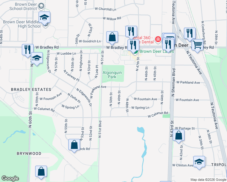 map of restaurants, bars, coffee shops, grocery stores, and more near 7694 North 50th Street in Brown Deer