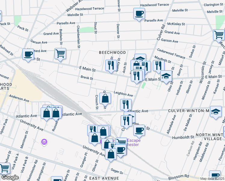 map of restaurants, bars, coffee shops, grocery stores, and more near 77 Herkimer Street in Rochester