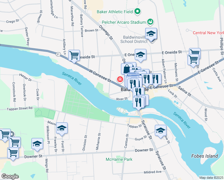 map of restaurants, bars, coffee shops, grocery stores, and more near 22 Charlotte Street in Baldwinsville