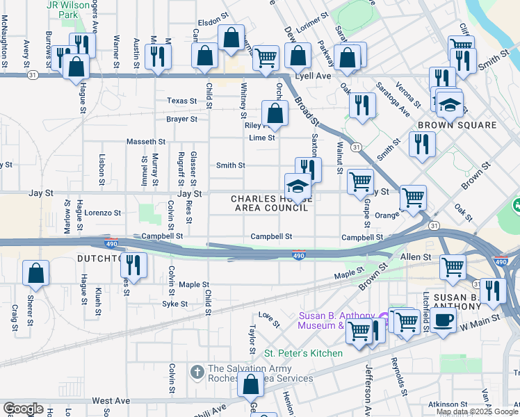 map of restaurants, bars, coffee shops, grocery stores, and more near 335 Orange Street in Rochester