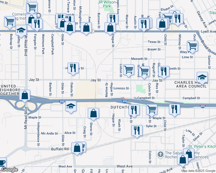 map of restaurants, bars, coffee shops, grocery stores, and more near 31 Marlow Street in Rochester