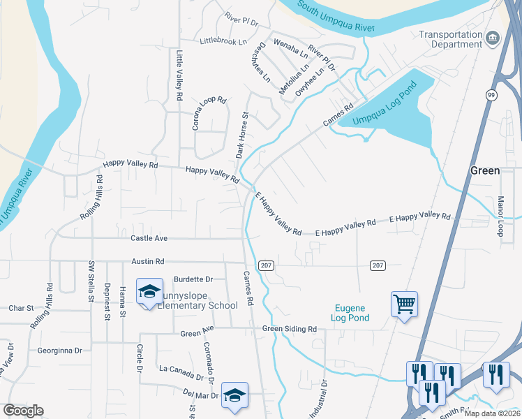 map of restaurants, bars, coffee shops, grocery stores, and more near 679 East Happy Valley Road in Roseburg
