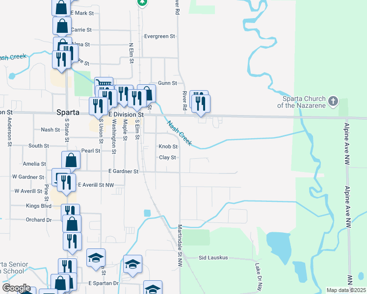 map of restaurants, bars, coffee shops, grocery stores, and more near 112 Martindale Street Northwest in Sparta
