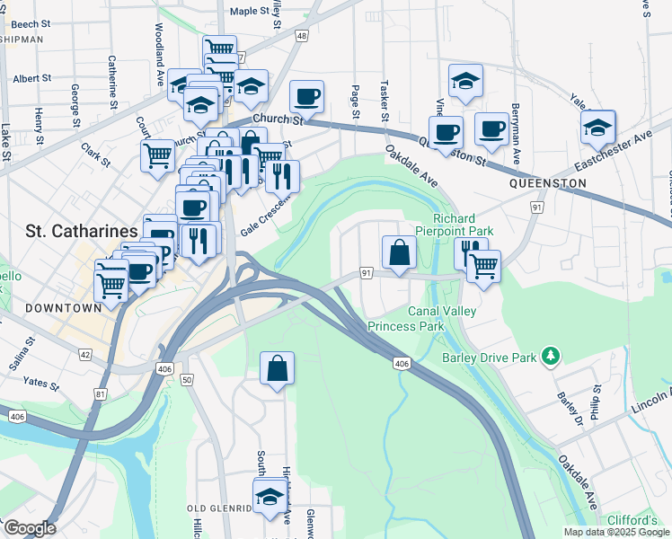 map of restaurants, bars, coffee shops, grocery stores, and more near 84 Argyle Crescent in St. Catharines