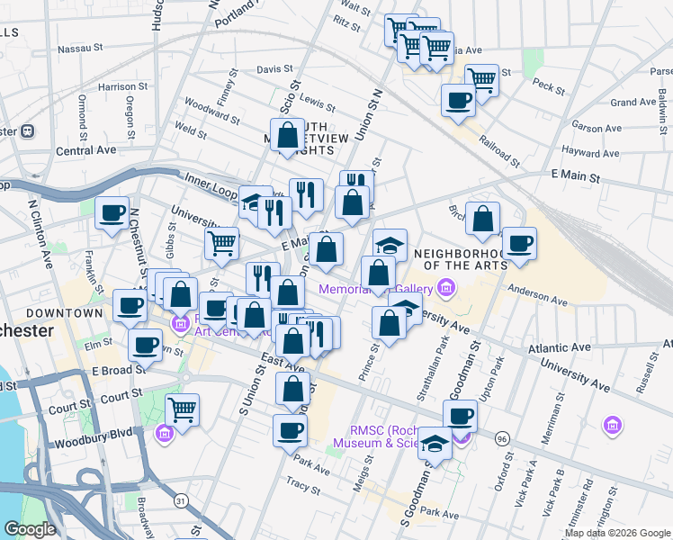 map of restaurants, bars, coffee shops, grocery stores, and more near 365 University Avenue in Rochester