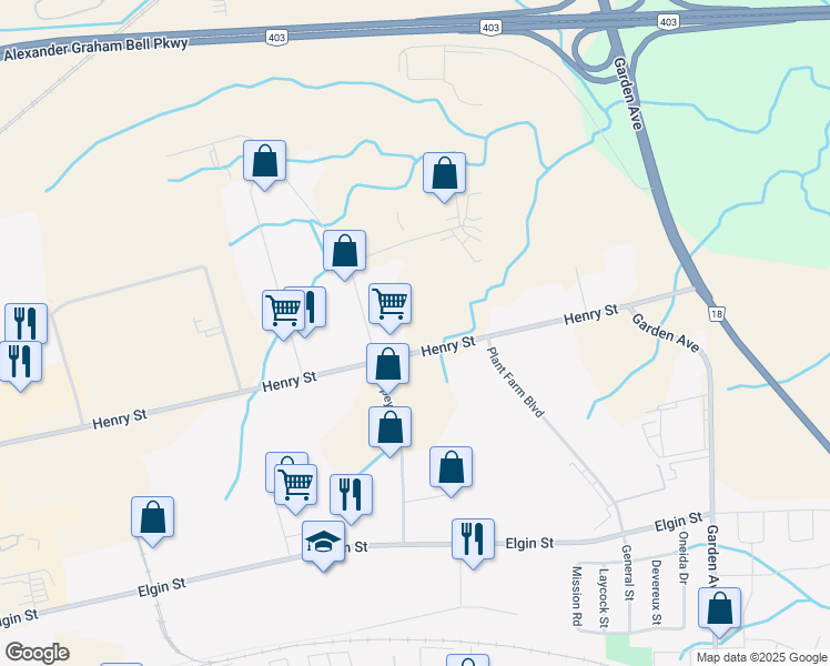 map of restaurants, bars, coffee shops, grocery stores, and more near 355 Henry Street in Brantford