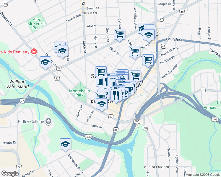 map of restaurants, bars, coffee shops, grocery stores, and more near 10 Market Street in Saint Catharines