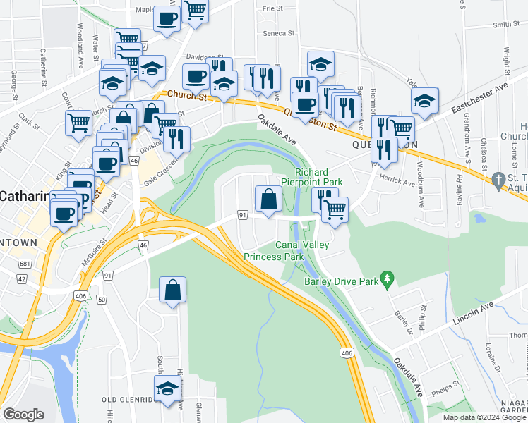map of restaurants, bars, coffee shops, grocery stores, and more near 139 Westchester Crescent in St. Catharines
