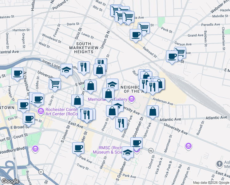map of restaurants, bars, coffee shops, grocery stores, and more near in Rochester