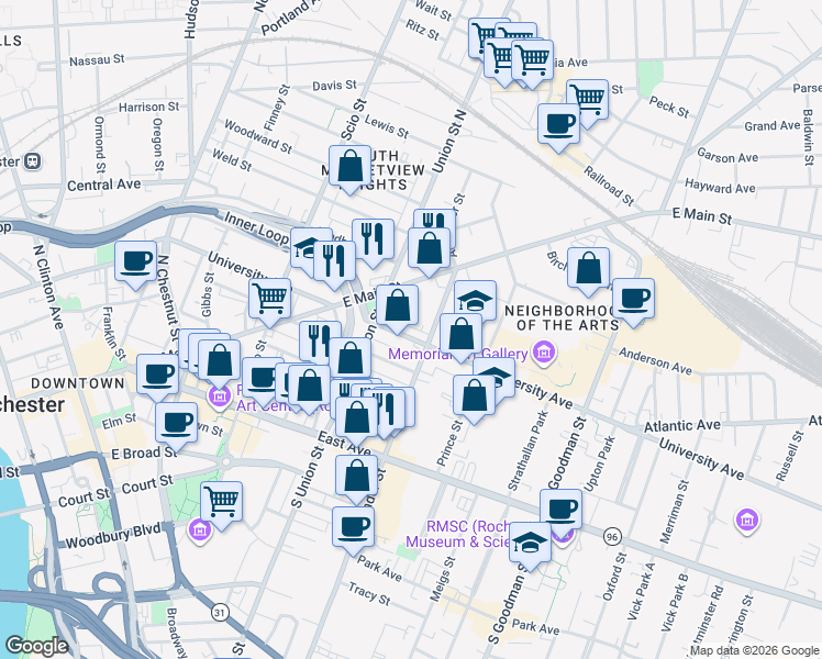 map of restaurants, bars, coffee shops, grocery stores, and more near 365 University Avenue in Rochester