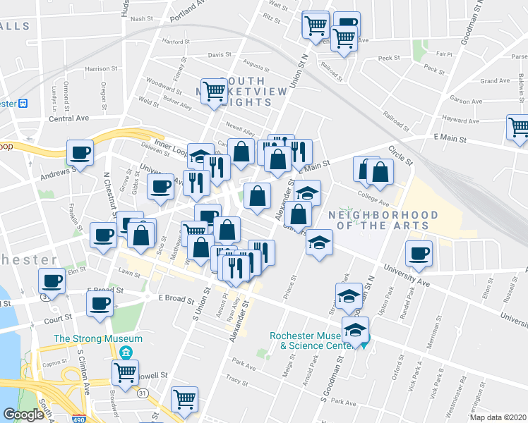 map of restaurants, bars, coffee shops, grocery stores, and more near 365 University Avenue in Rochester