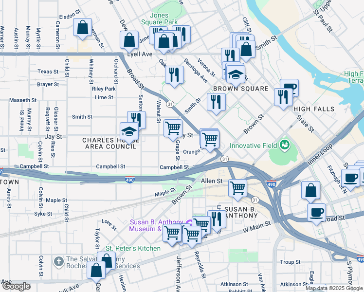 map of restaurants, bars, coffee shops, grocery stores, and more near 71 Orange Street in Rochester