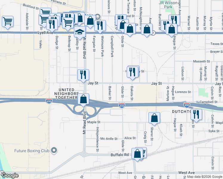 map of restaurants, bars, coffee shops, grocery stores, and more near 25 Milliner Street in Rochester