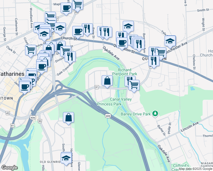 map of restaurants, bars, coffee shops, grocery stores, and more near in St. Catharines