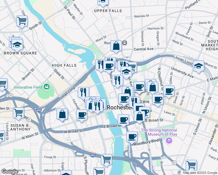 map of restaurants, bars, coffee shops, grocery stores, and more near 125 St Paul St in Rochester