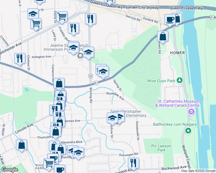 map of restaurants, bars, coffee shops, grocery stores, and more near 426 Queenston Street in Saint Catharines