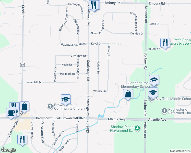 map of restaurants, bars, coffee shops, grocery stores, and more near 91 Horizon Drive in Rochester